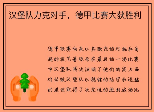 汉堡队力克对手，德甲比赛大获胜利