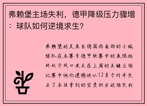 弗赖堡主场失利，德甲降级压力骤增：球队如何逆境求生？