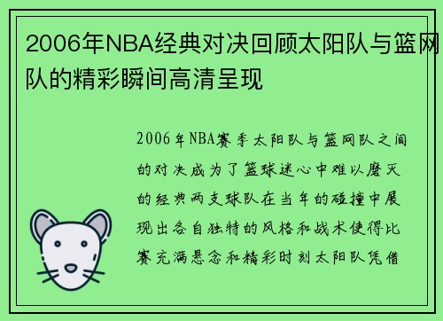 2006年NBA经典对决回顾太阳队与篮网队的精彩瞬间高清呈现