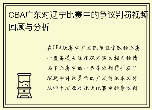 CBA广东对辽宁比赛中的争议判罚视频回顾与分析